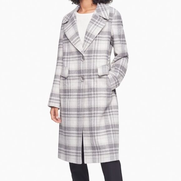 Calvin Klein Walker Plaid Wool Overcoat Single Breasted Pea Coat Gray Cream 10 - Picture 2 of 16